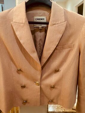 L'AGENCE Tan Cropped Double-Breasted Blazer with Metallic gold pinstripes